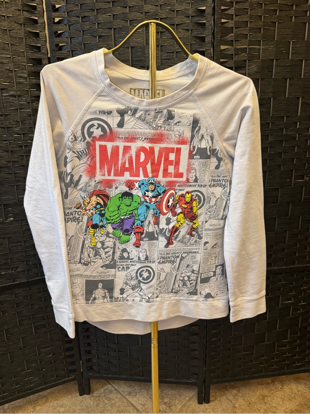 Marvel White Long-Sleeve Tee with Colorful Superhero Print
